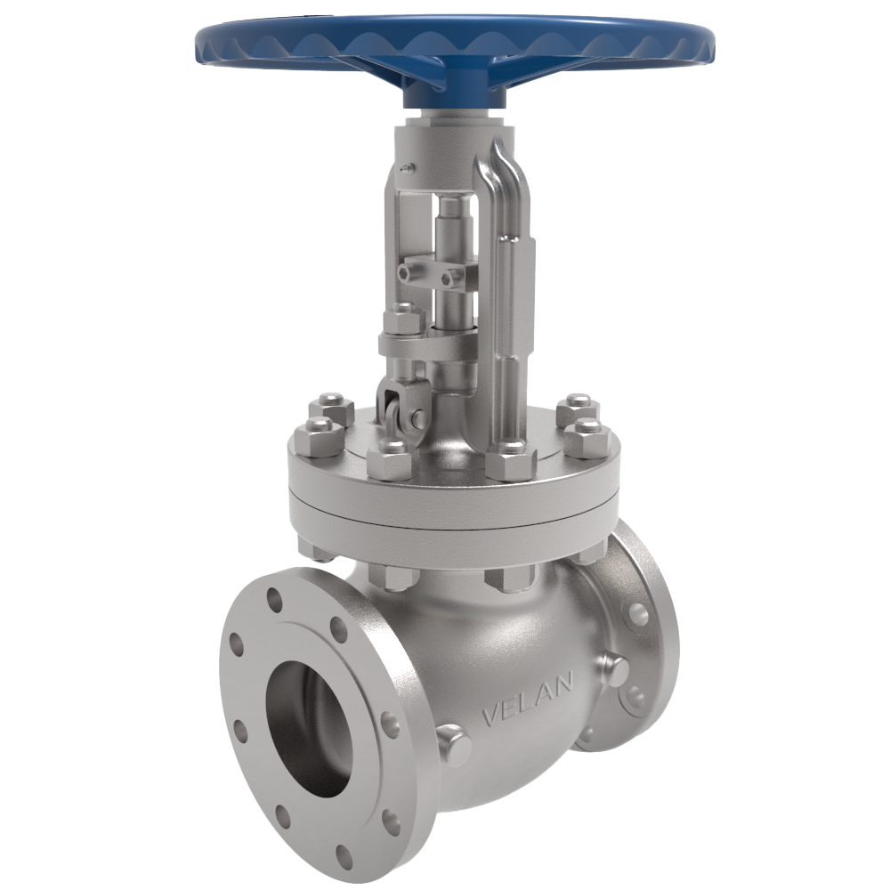 Close-up of a metal industrial valve with a blue handwheel at the top. The valve has a robust, cylindrical body with multiple bolts and a flange at the bottom for attachment. The word "VELAN" is embossed on the side of the valve.