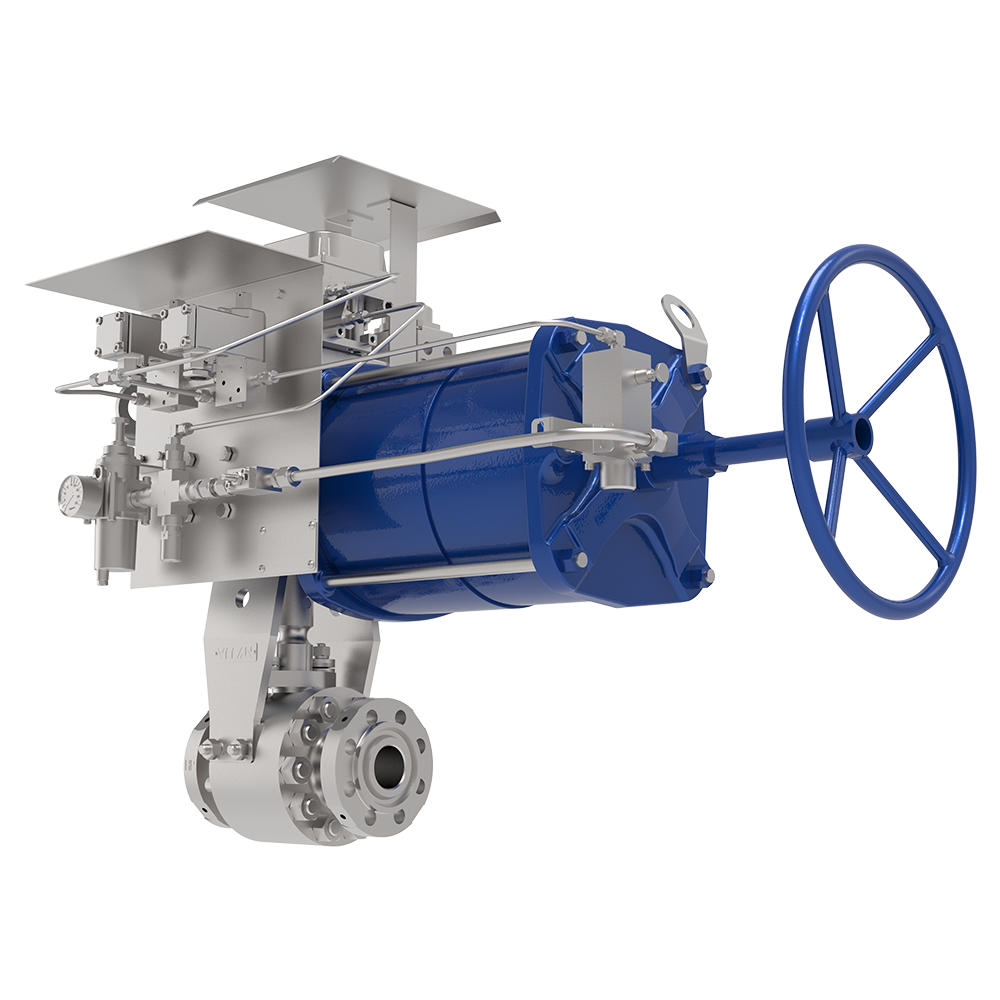A large industrial valve with a blue cylindrical actuator and a handwheel. The valve assembly includes metallic components, flanges, and support structures, designed for controlling fluid flow in pipelines.