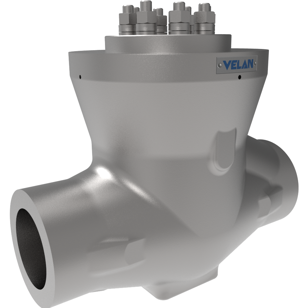 A metallic industrial valve with a silver finish, featuring a cylindrical body and two large pipe connections on either side. The top has a flat, circular cap with bolts, and the brand name "VELAN" is displayed on a blue label near the top.