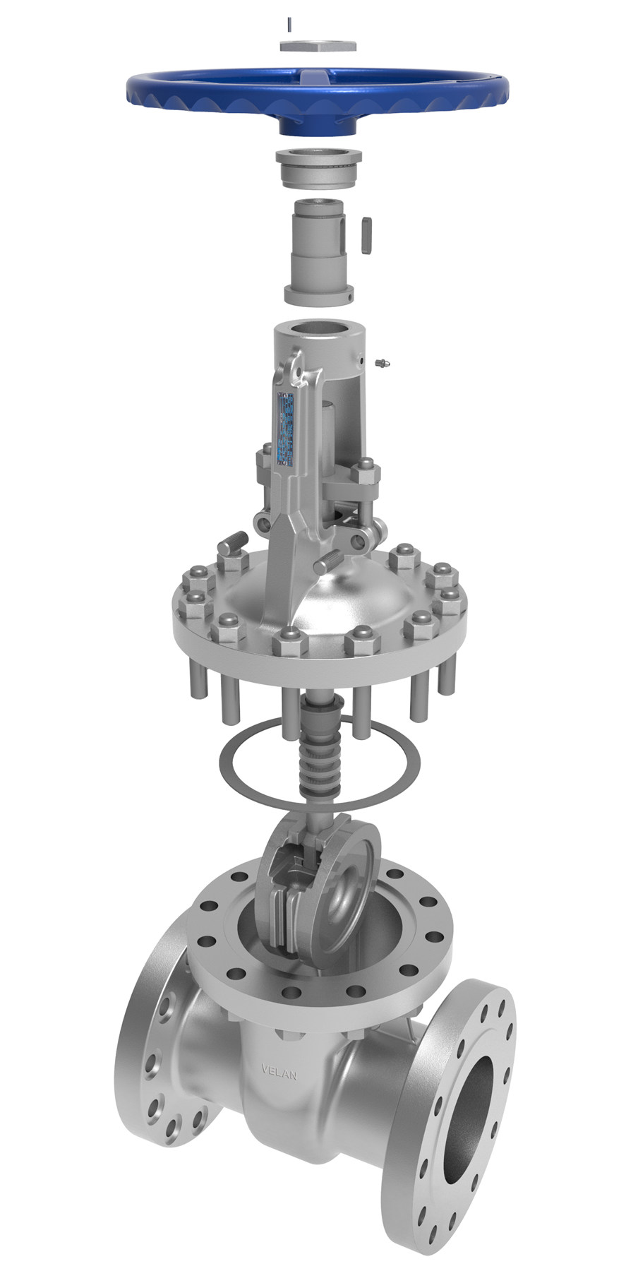 A computer-rendered image of an industrial valve. The valve features a blue handwheel at the top, followed by a complex assembly of components, including bolts, a spring, and flanges at both ends for pipe connections. The body is metallic with a gray finish.